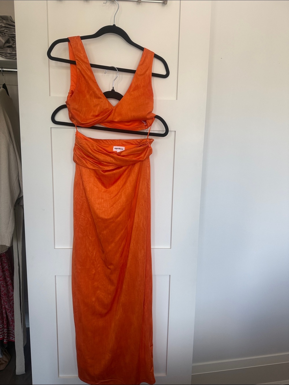 superdown Orange Satin Two-Piece Maxi Set